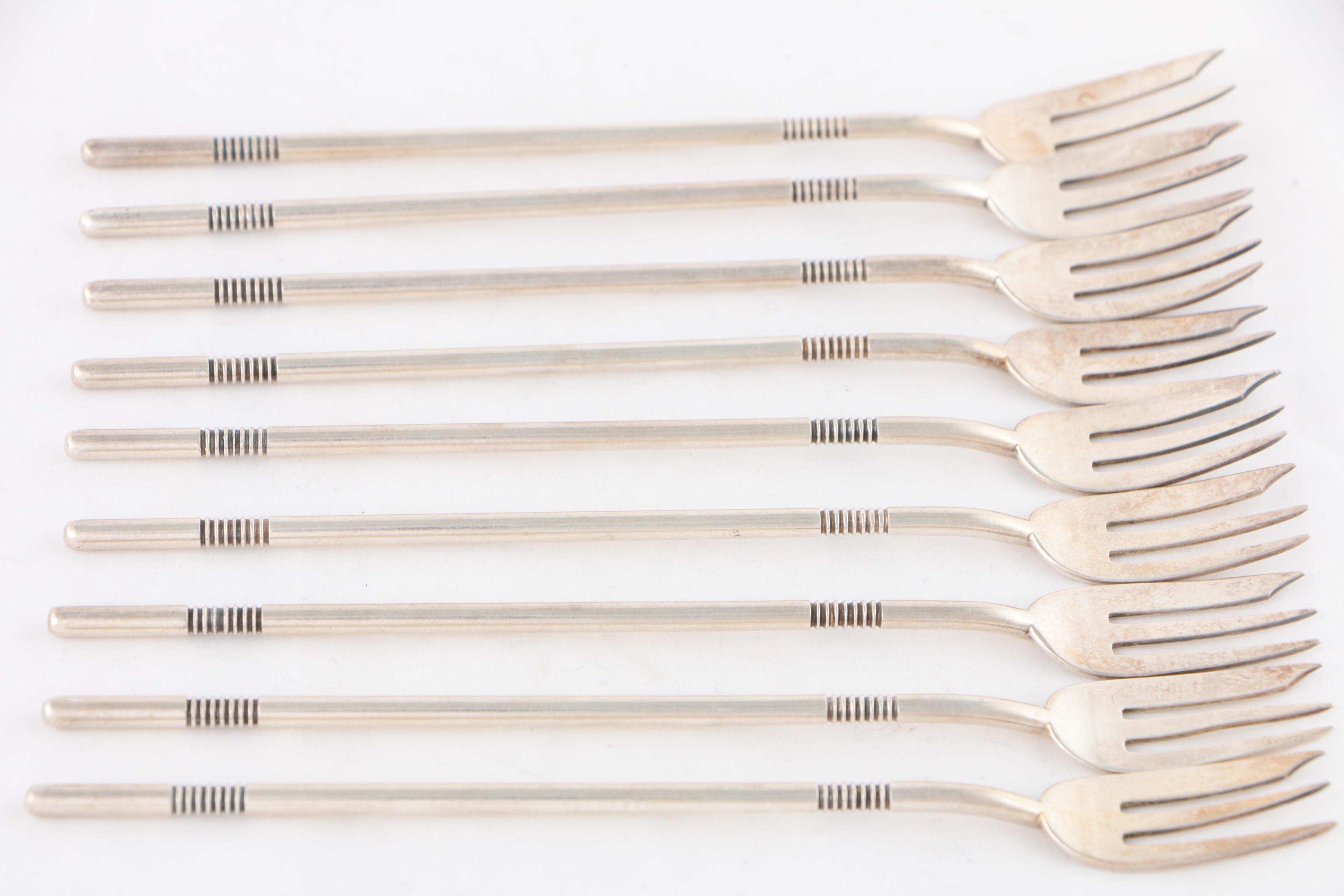 Gorham "Harvard" Silver Plate Crab Forks with Japanese Silver Plate Sauce Dishes