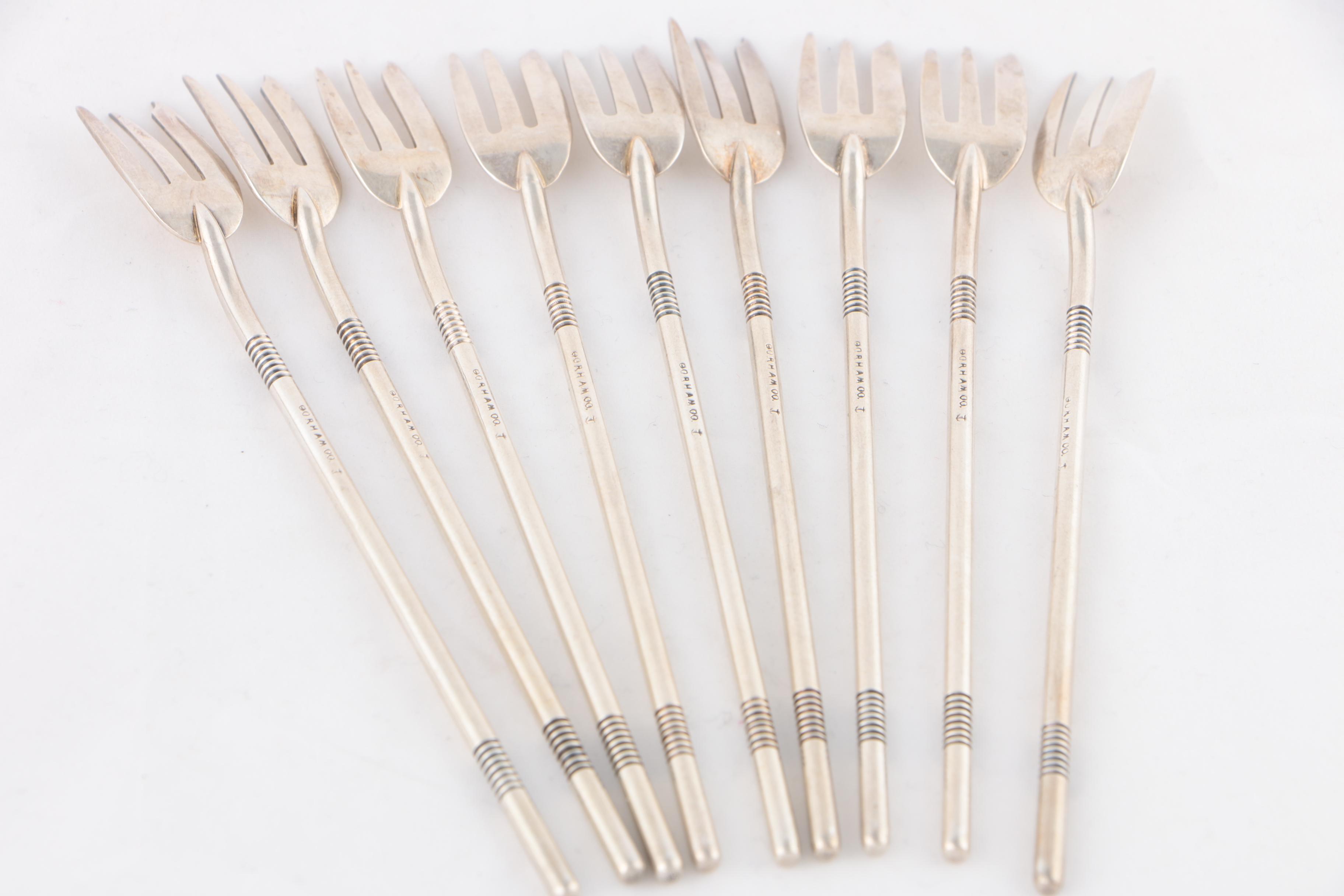 Gorham "Harvard" Silver Plate Crab Forks with Japanese Silver Plate Sauce Dishes