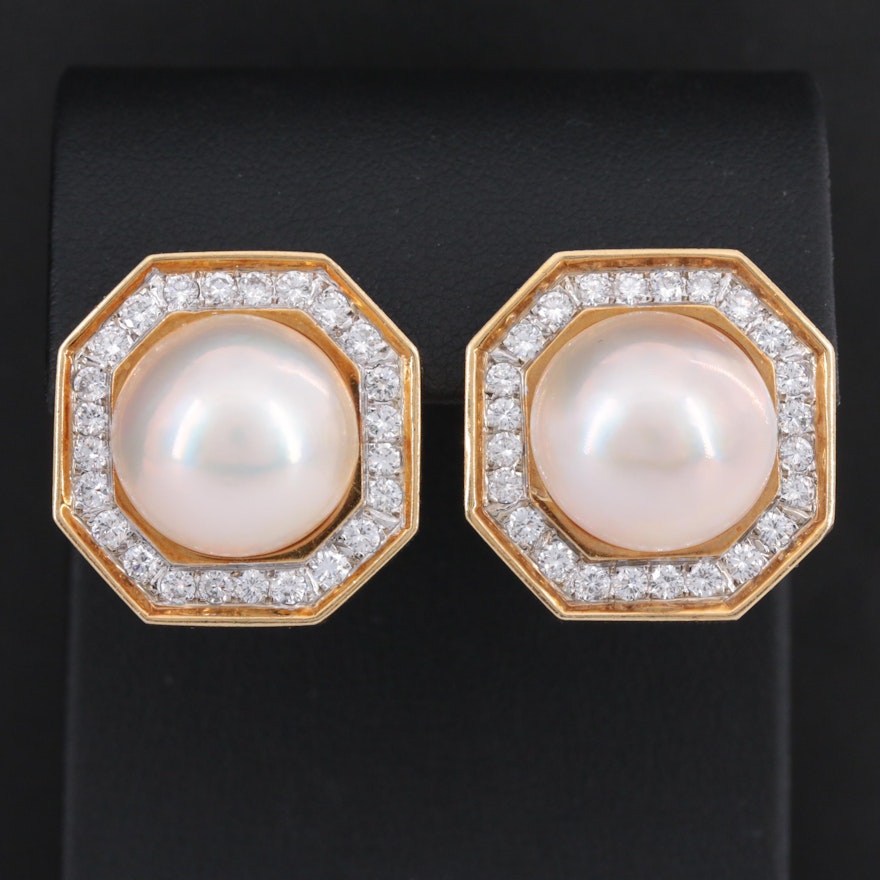 18K Yellow Gold Cultured Pearl and 2.00 CTW Diamond Earrings