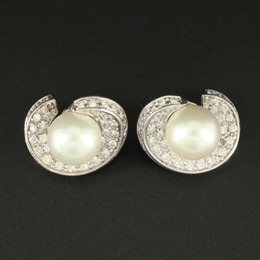18K White Gold Cultured Pearl and 1.00 CTW Diamond Earrings