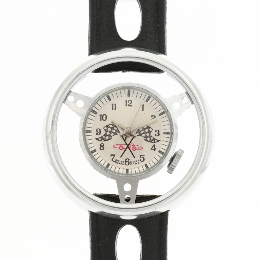 Vintage Stem Wind Wristwatch With Steering Wheel Case