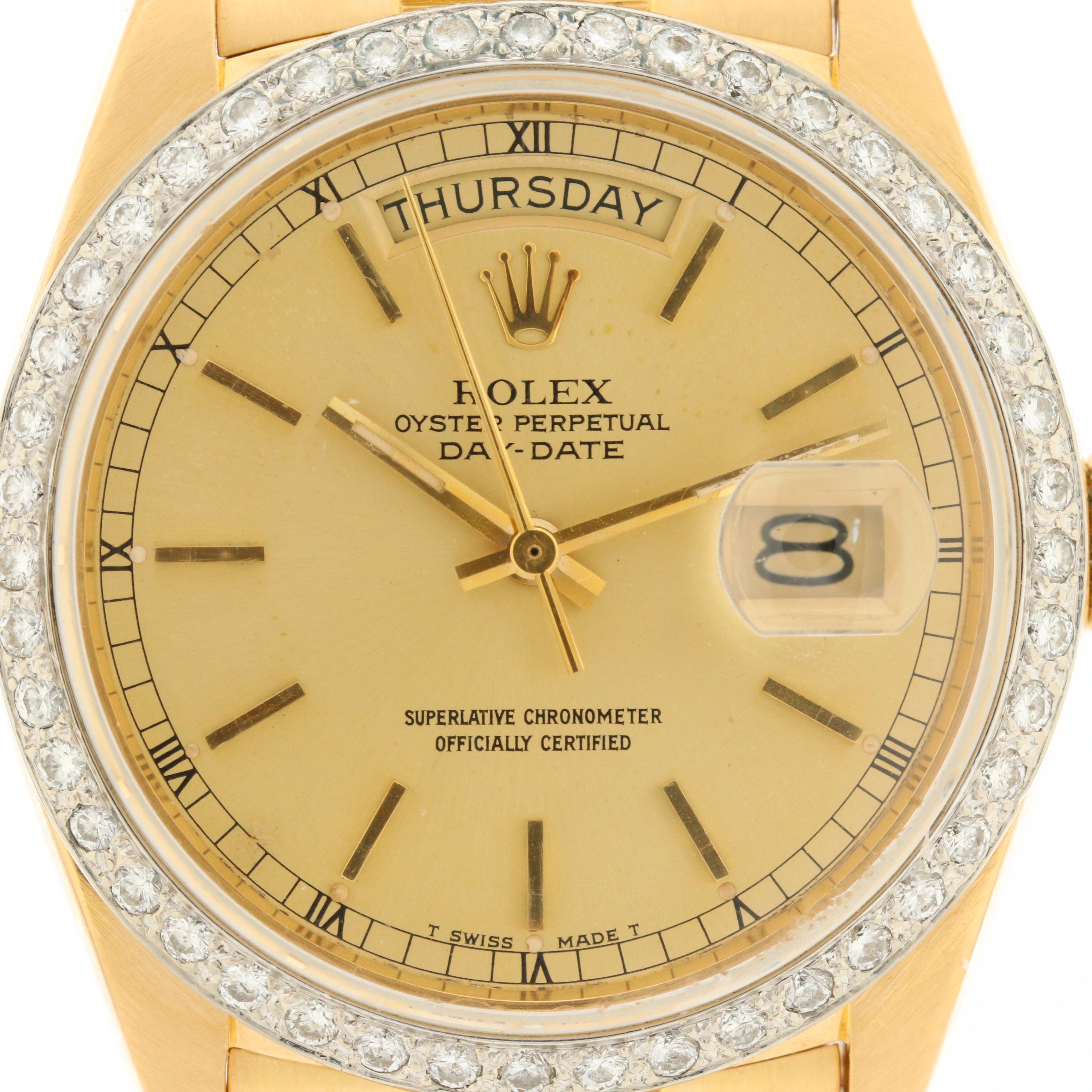 Vintage Rolex Day-Date 18K Yellow Gold Watch with 1.16 CTW Diamond Bezel