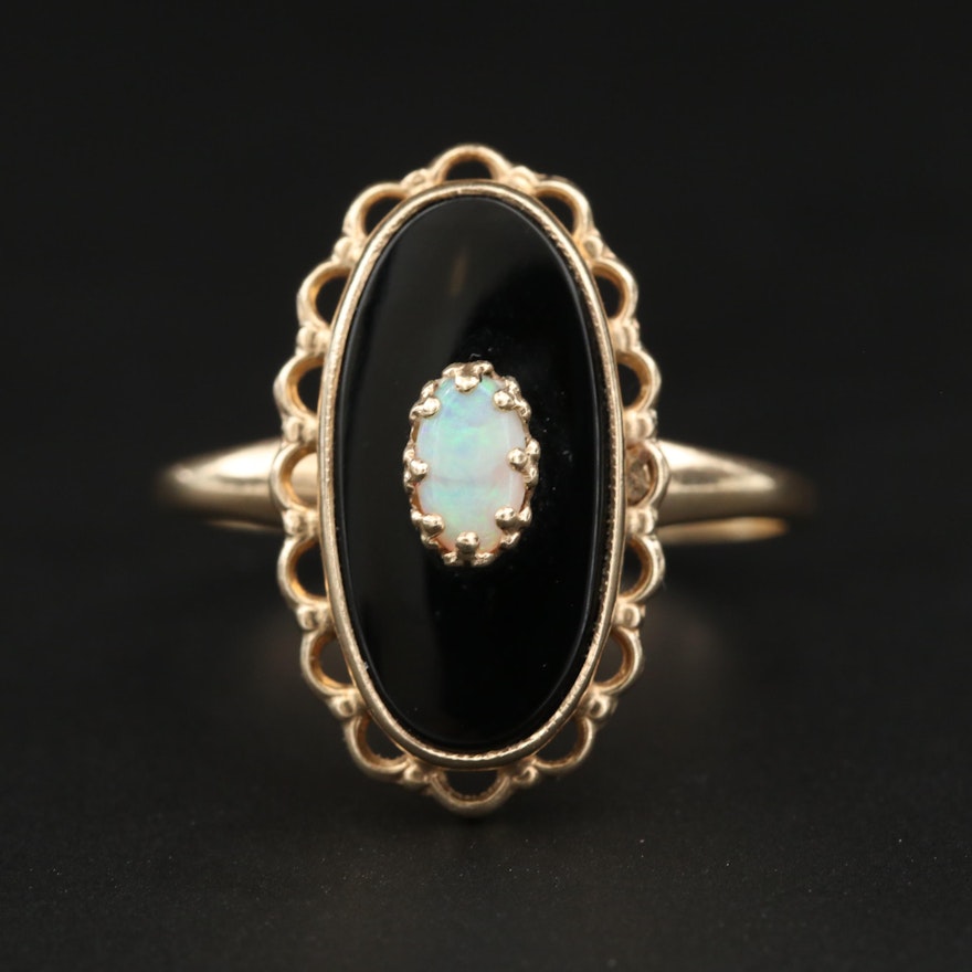 Vintage Plainville Stock Co. 10K Yellow Gold Black Onyx and Opal Ring