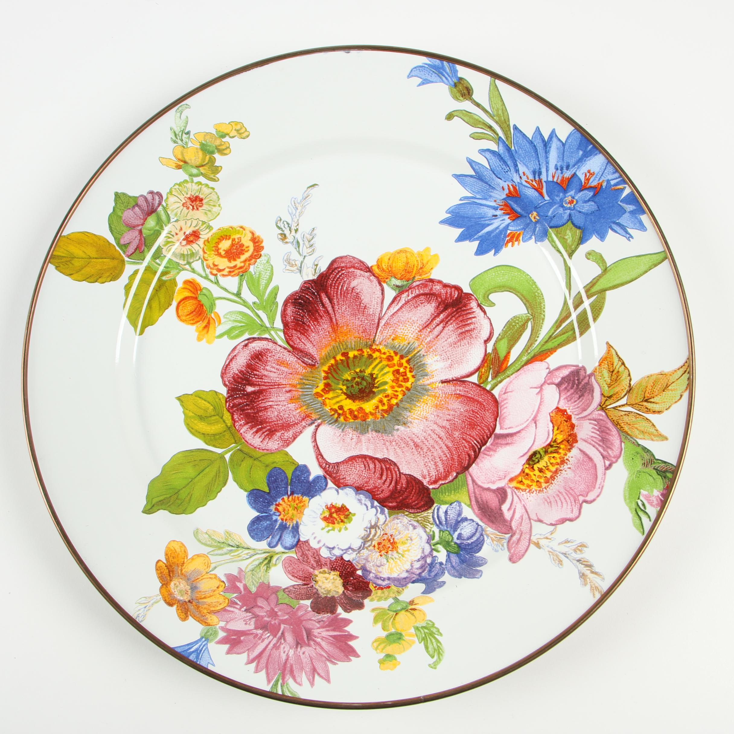 MacKenzie-Childs "White Flower Market" Enamelware Plates, Bowl and Colander