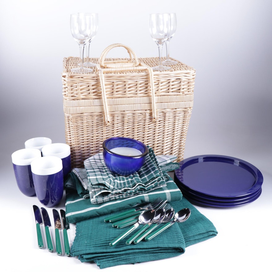 Wicker Picnic Basket, Casual Flatware, Drinkware and Linens