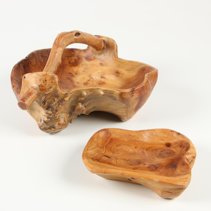 Burl Wood Rustic Basket and Bowl, Contemporary