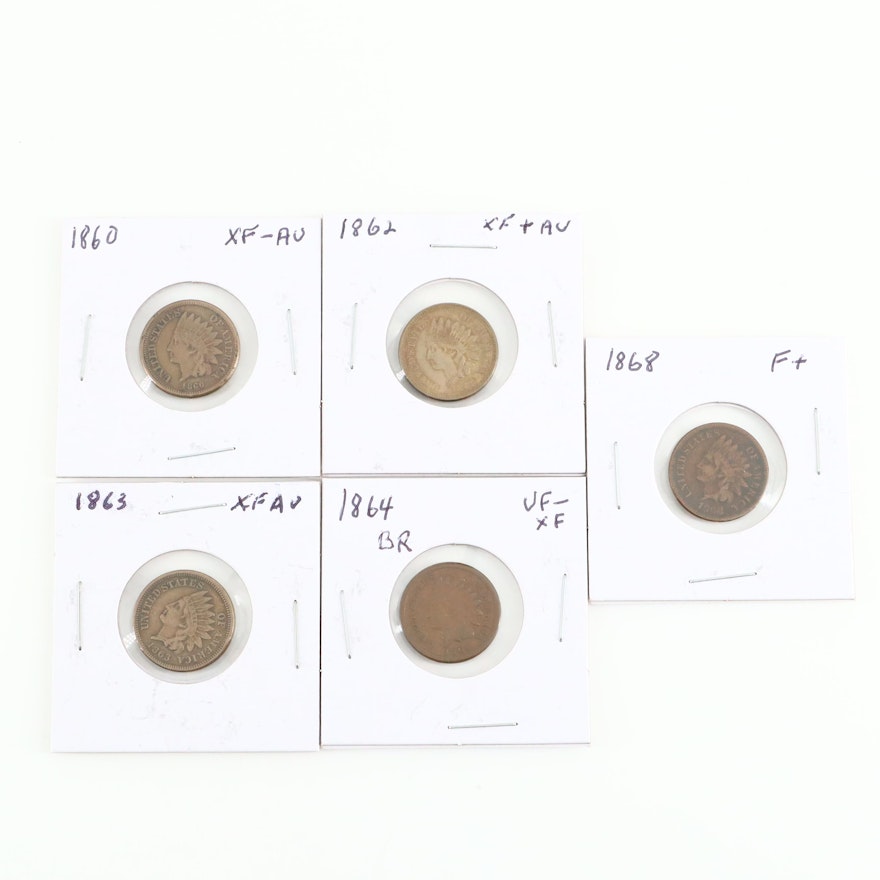 Five Indian Head Cents: 1860, 1862, 1863, 1864, and 1868