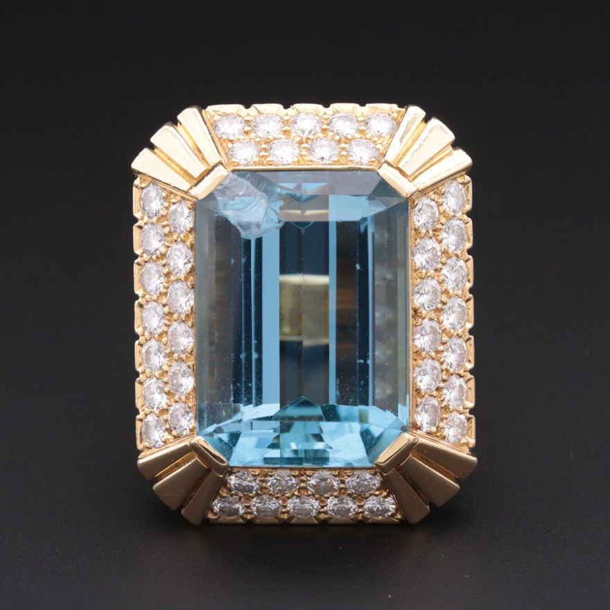 18K Yellow Gold 27.49 CT Aquamarine and 3.30 CTW Diamond Ring