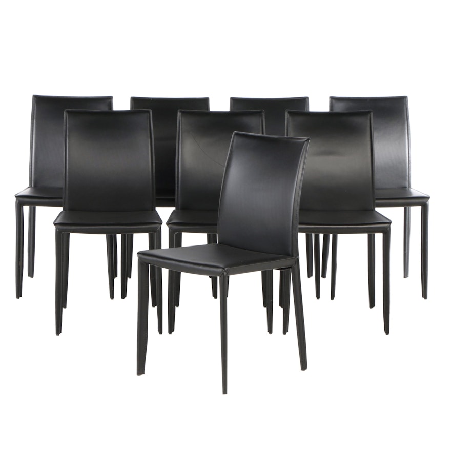 Eight Contemporary Black Leather Dining Chairs