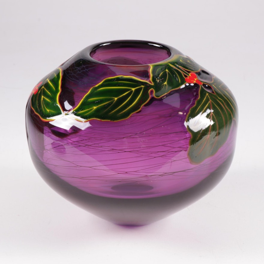 Rick & Valerie Beck Art Glass Amethyst & Foliage Pot Vase