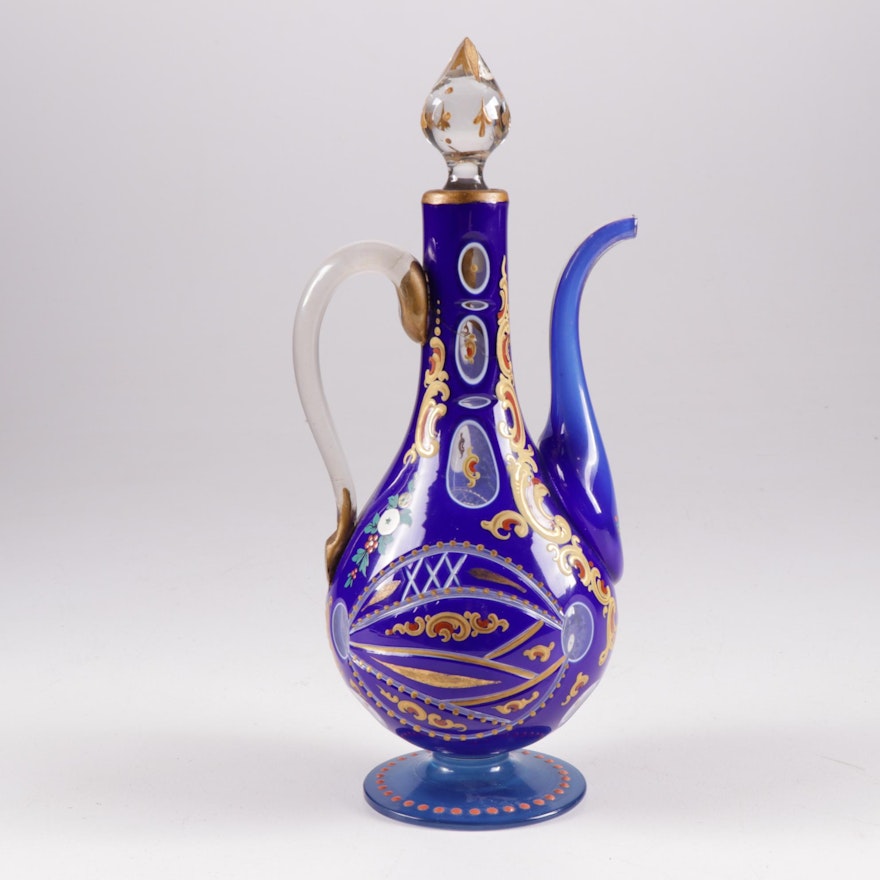 Czech Cobalt Cut-to-Clear Bohemian Crystal Hand-Painted Ewer, Vintage