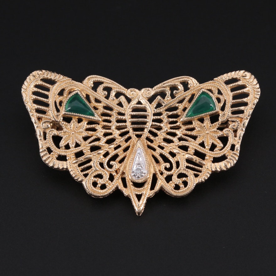 14K Yellow Gold Diamond and Chalcedony Butterfly Openwork Brooch