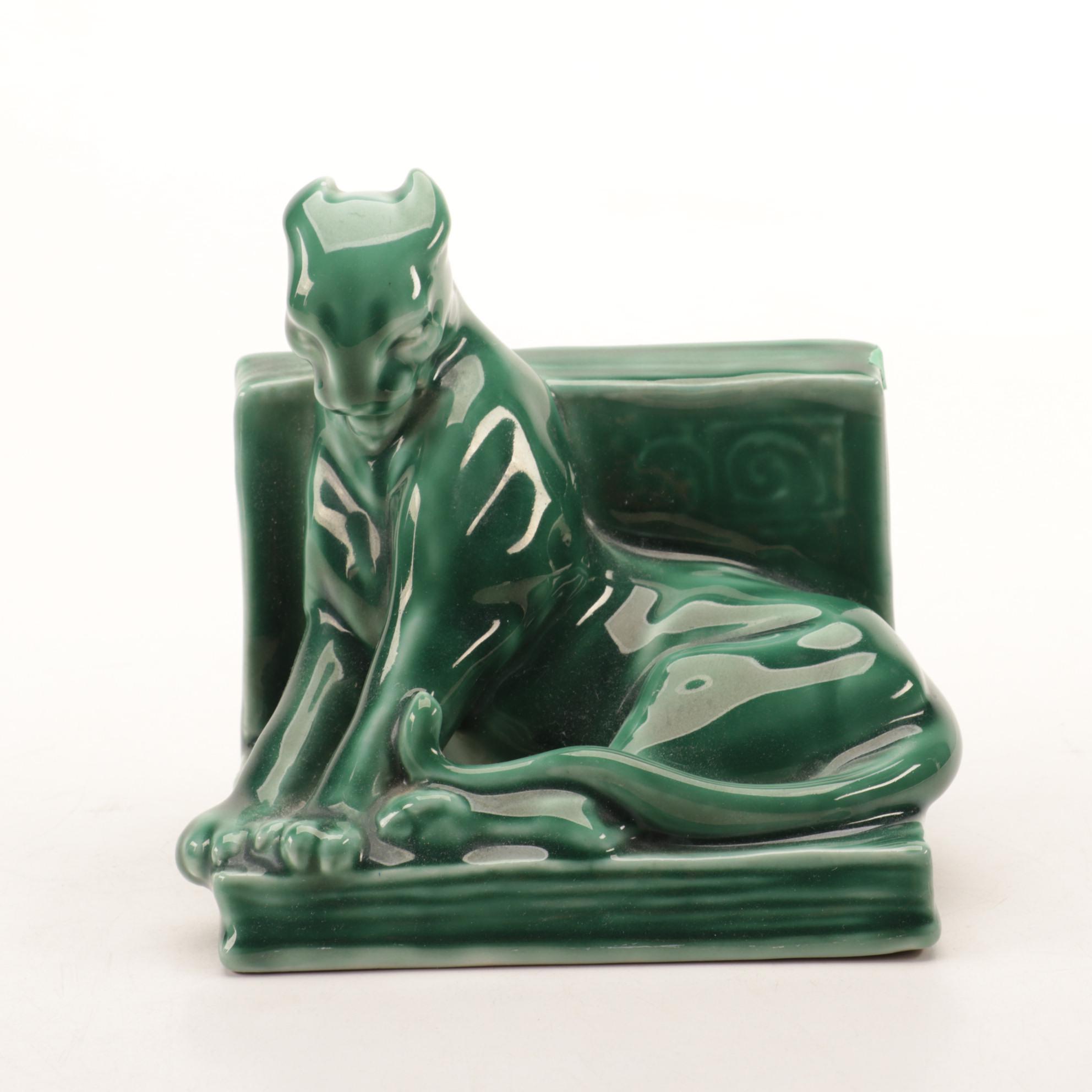 Rookwood Pottery Green Glazed Panther Bookends after William McDonald, 1949