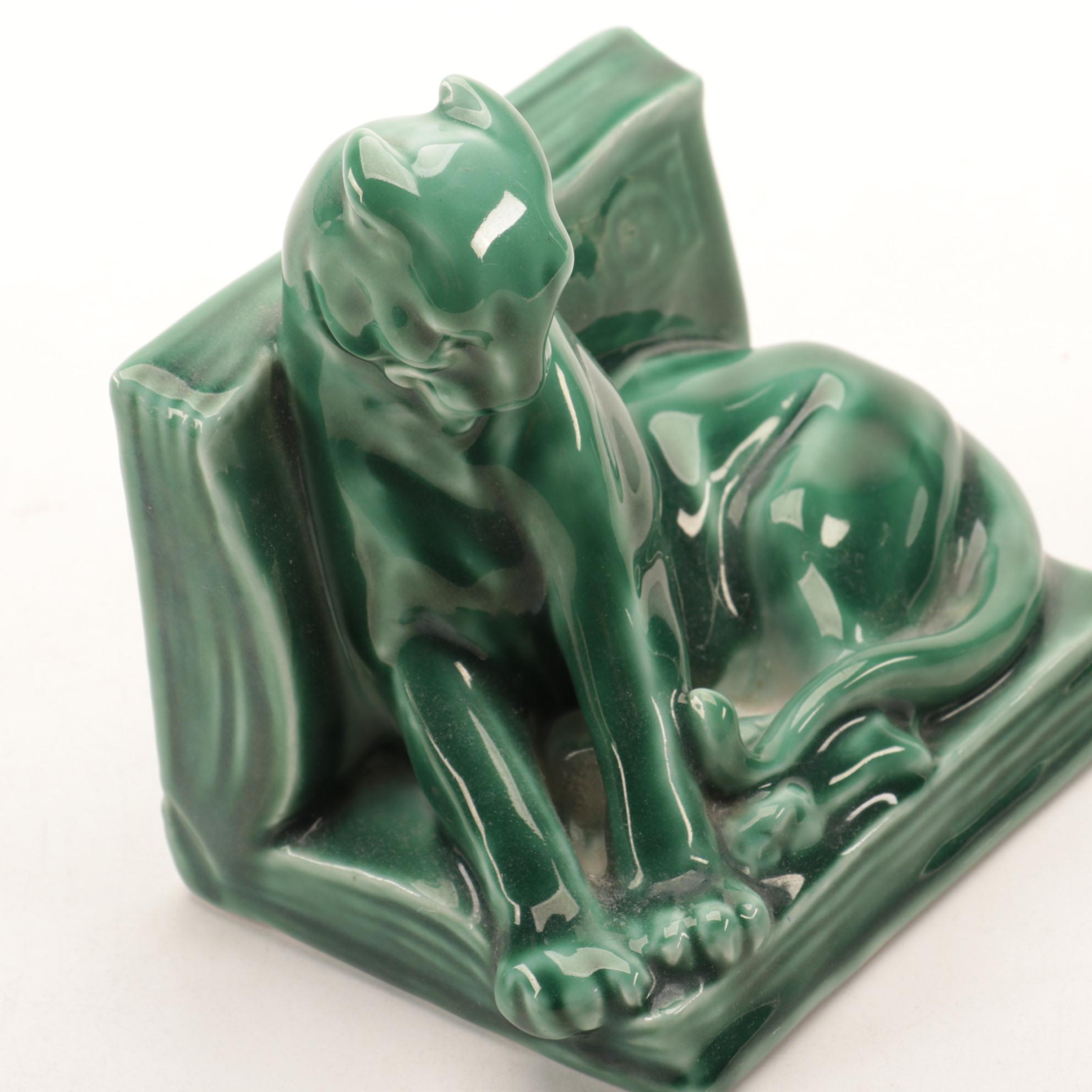 Rookwood Pottery Green Glazed Panther Bookends after William McDonald, 1949