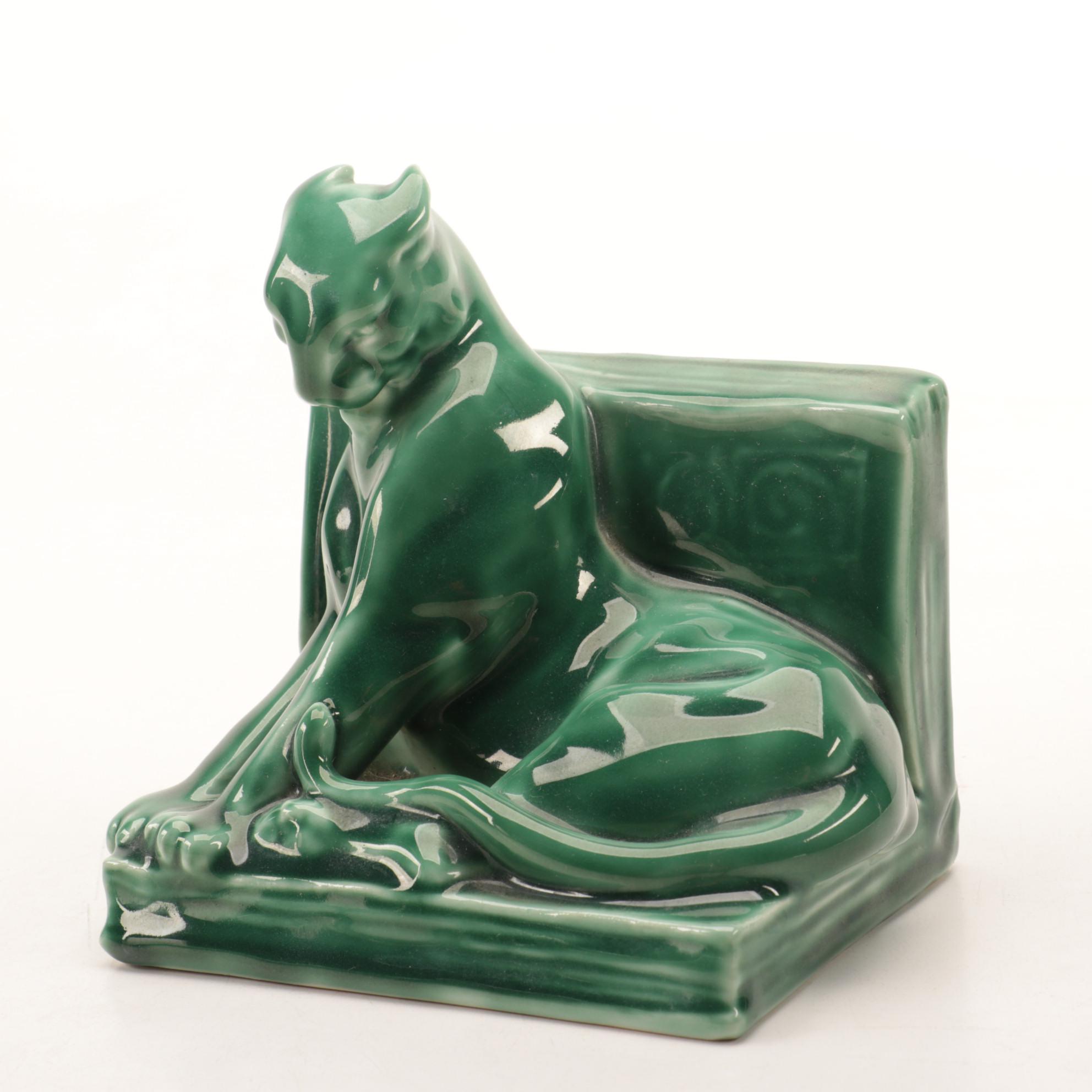 Rookwood Pottery Green Glazed Panther Bookends after William McDonald, 1949