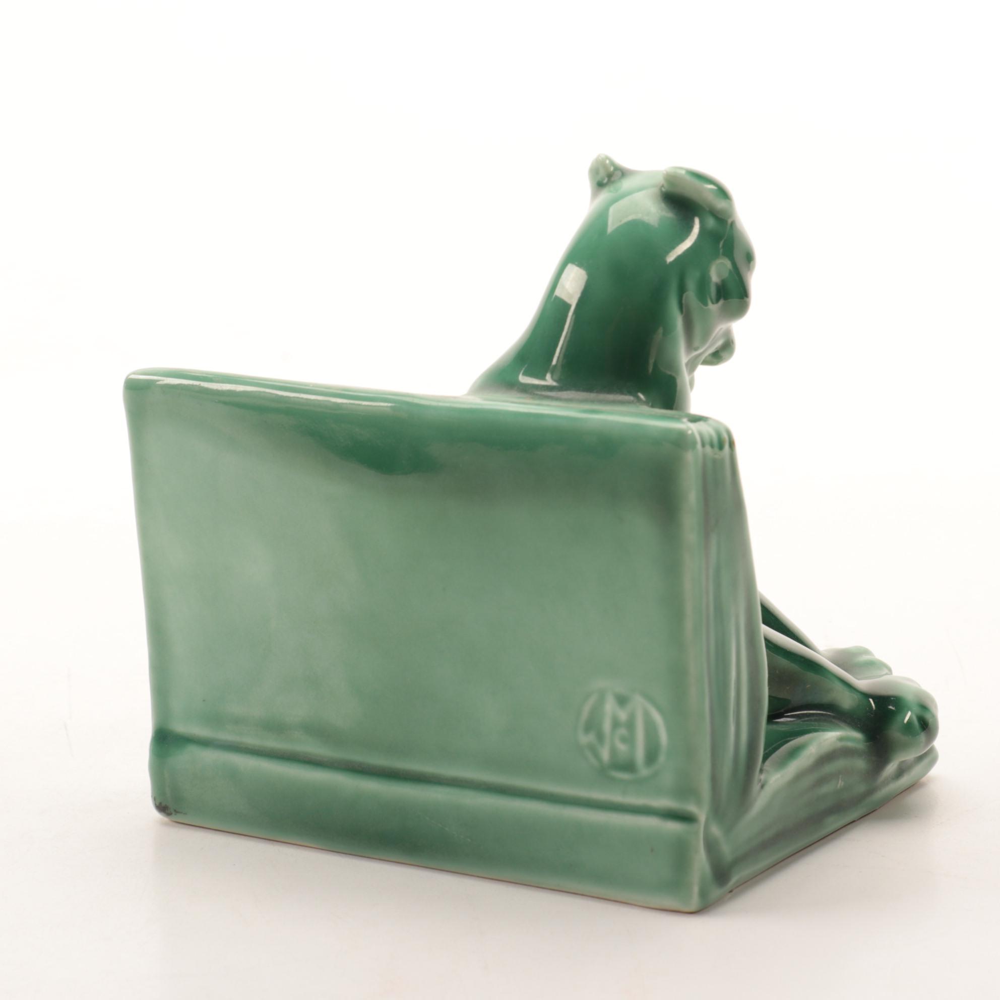 Rookwood Pottery Green Glazed Panther Bookends after William McDonald, 1949
