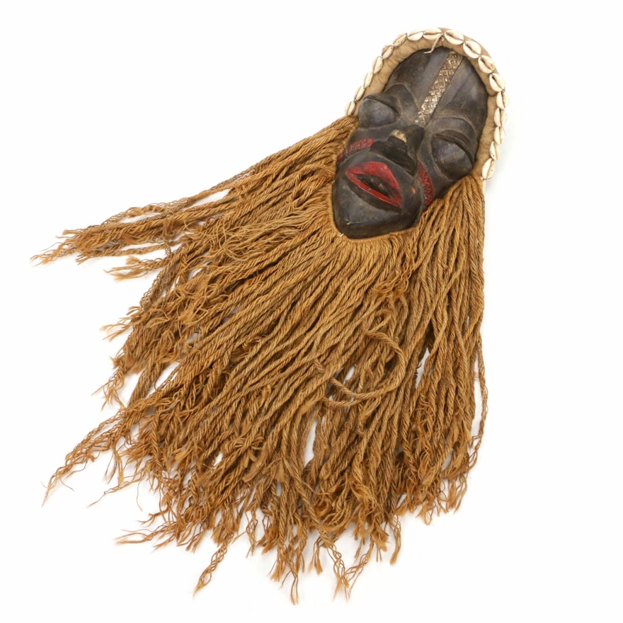 West African Dan Style Hand-Carved Wood and Jute Mask