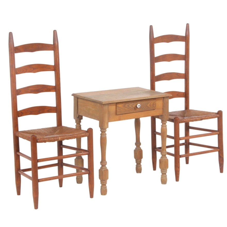 American Primitive Style Oak Rush Seat Ladder-Back Side Chairs and Table