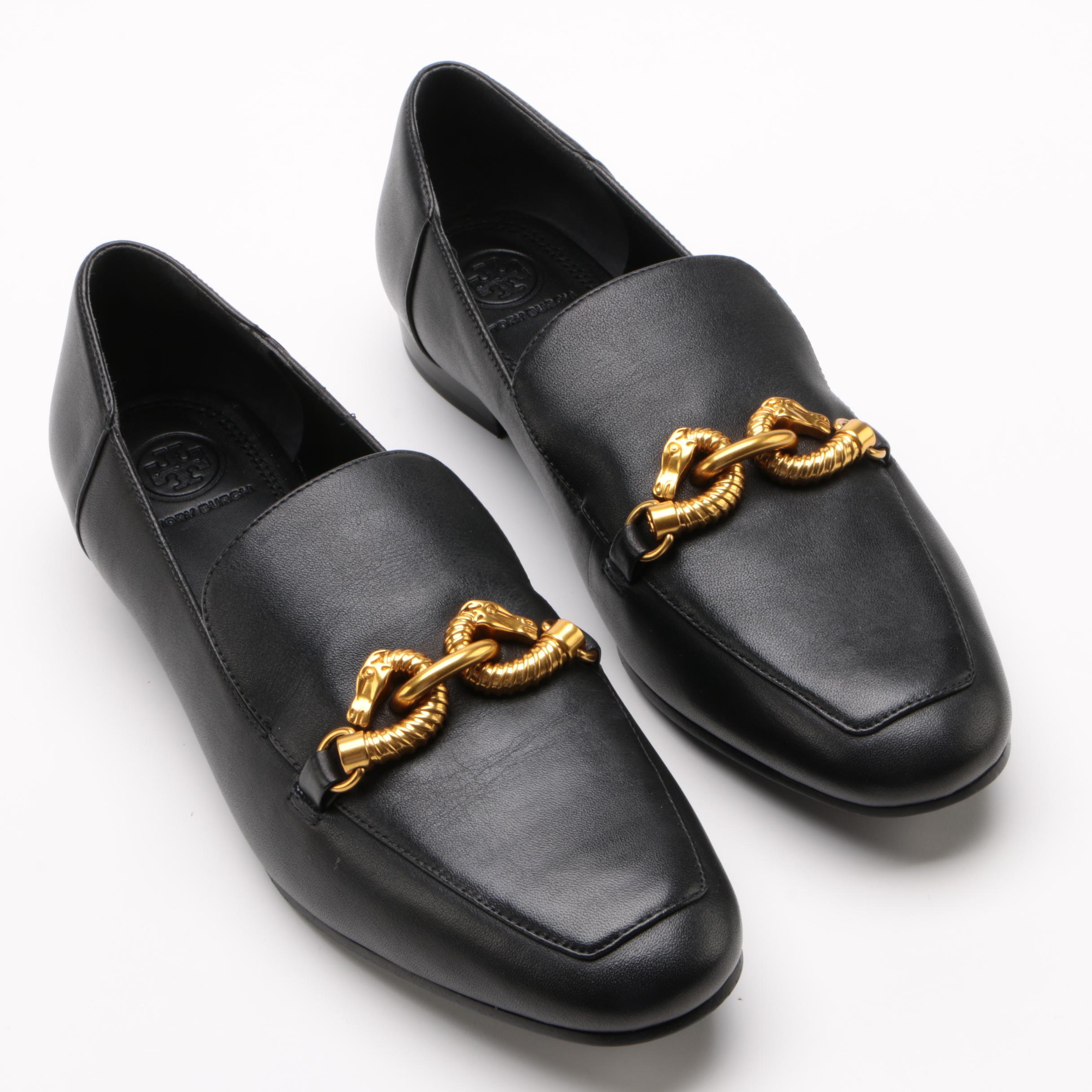 Tory Burch Jessa Loafer in Black Leather with Gold Tone Horse Head Hardware
