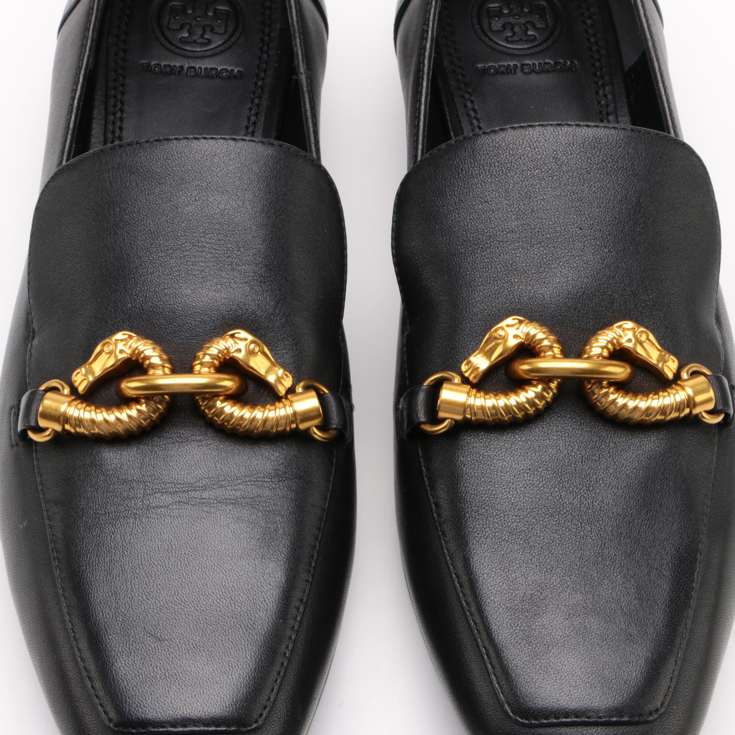 Tory Burch Jessa Loafer in Black Leather with Gold Tone Horse Head Hardware