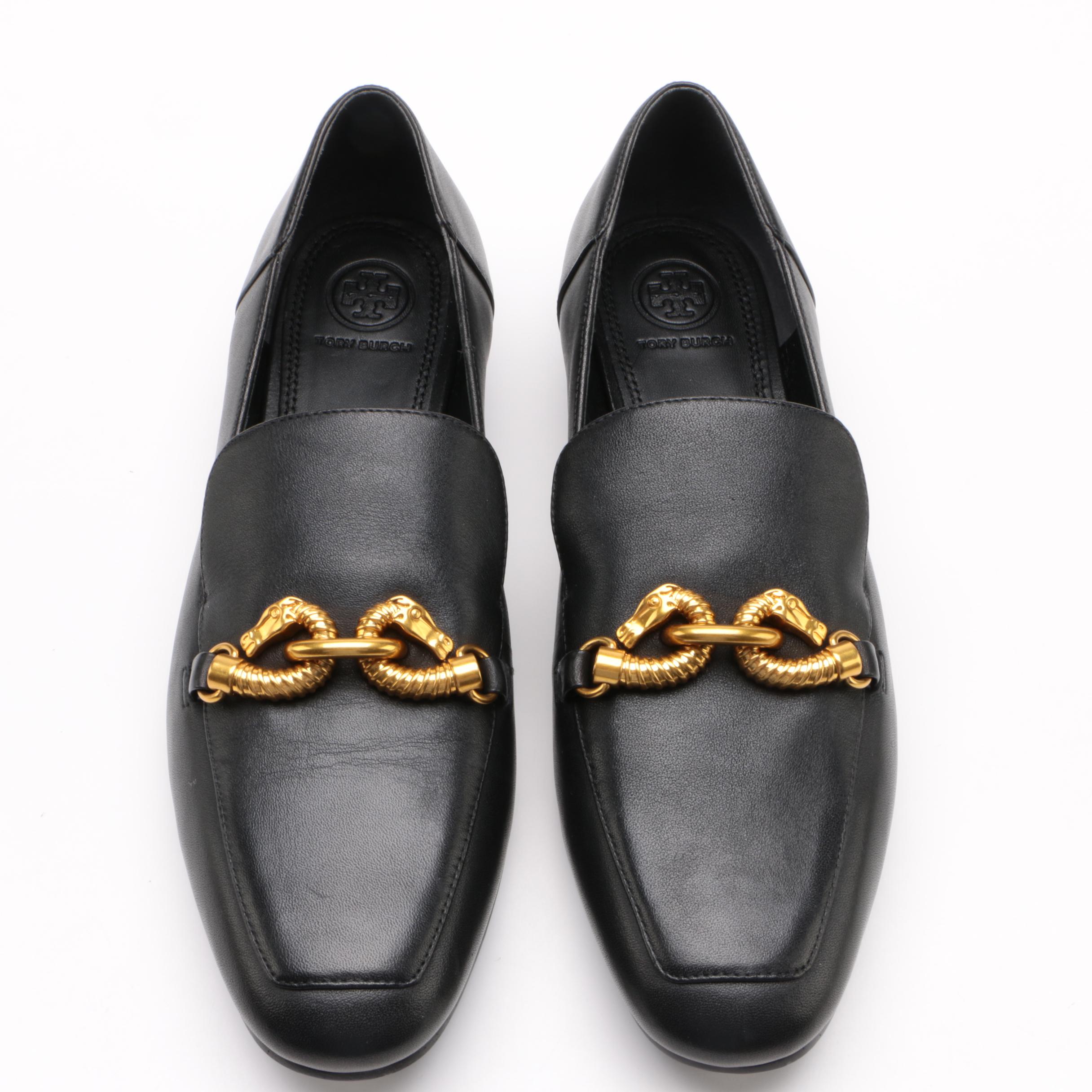 Tory Burch Jessa Loafer in Black Leather with Gold Tone Horse Head Hardware