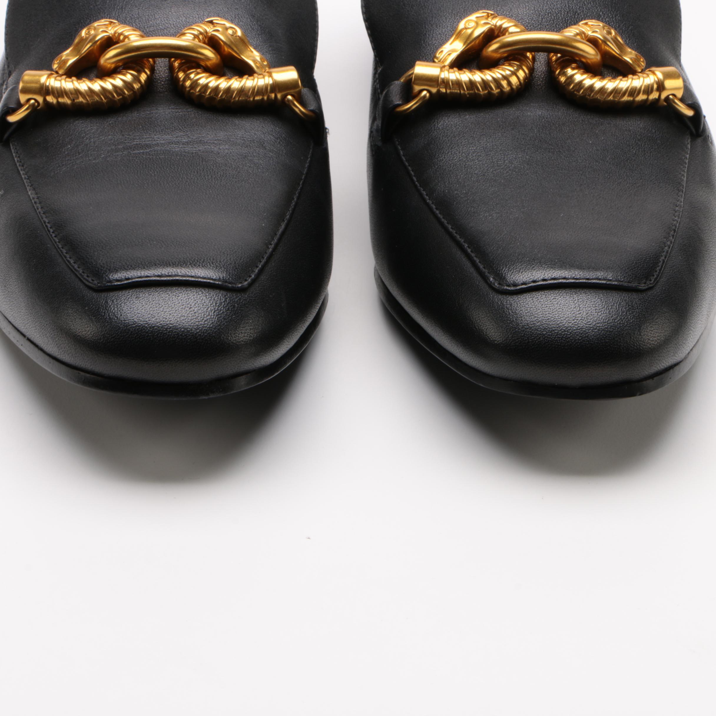 Tory Burch Jessa Loafer in Black Leather with Gold Tone Horse Head Hardware