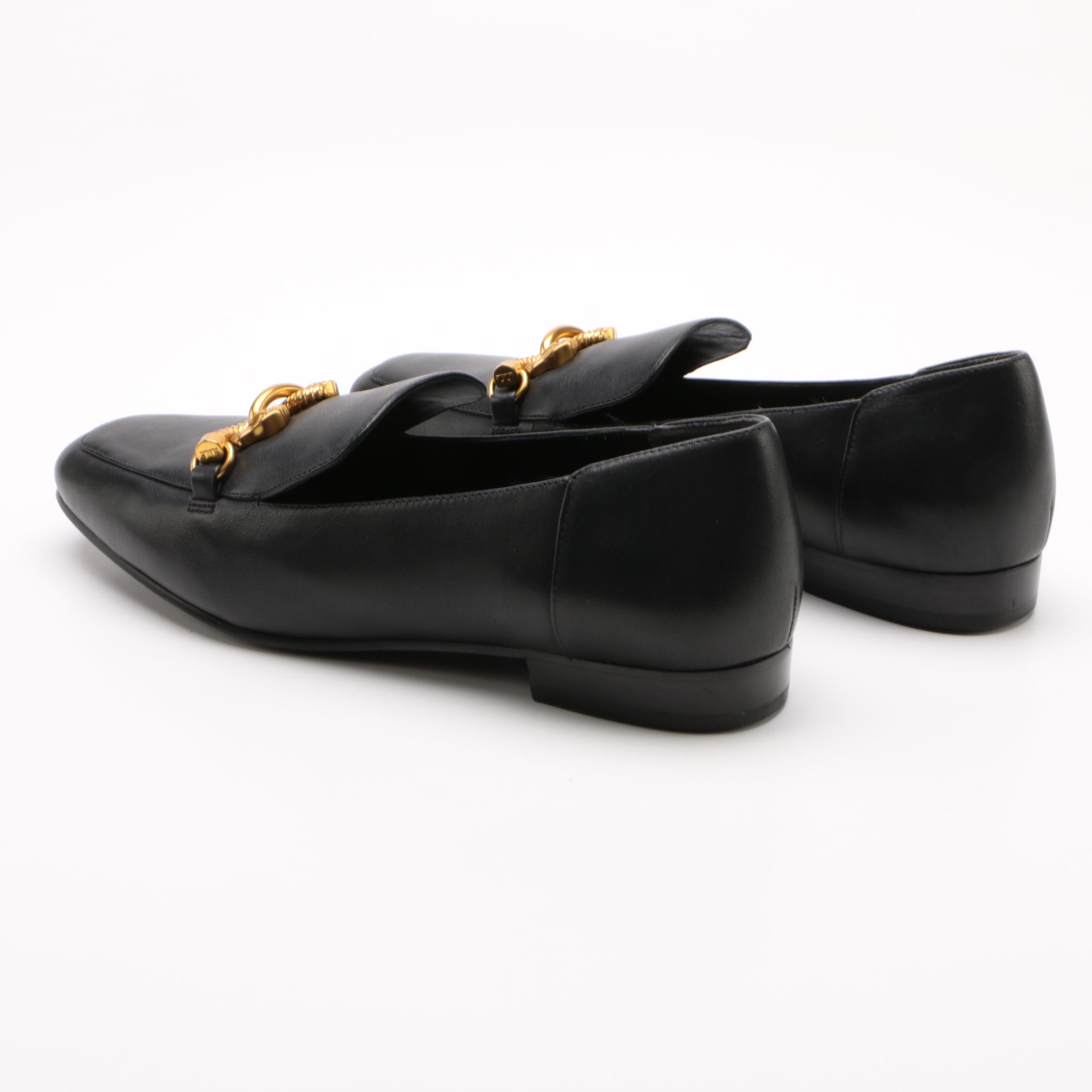 Tory Burch Jessa Loafer in Black Leather with Gold Tone Horse Head Hardware