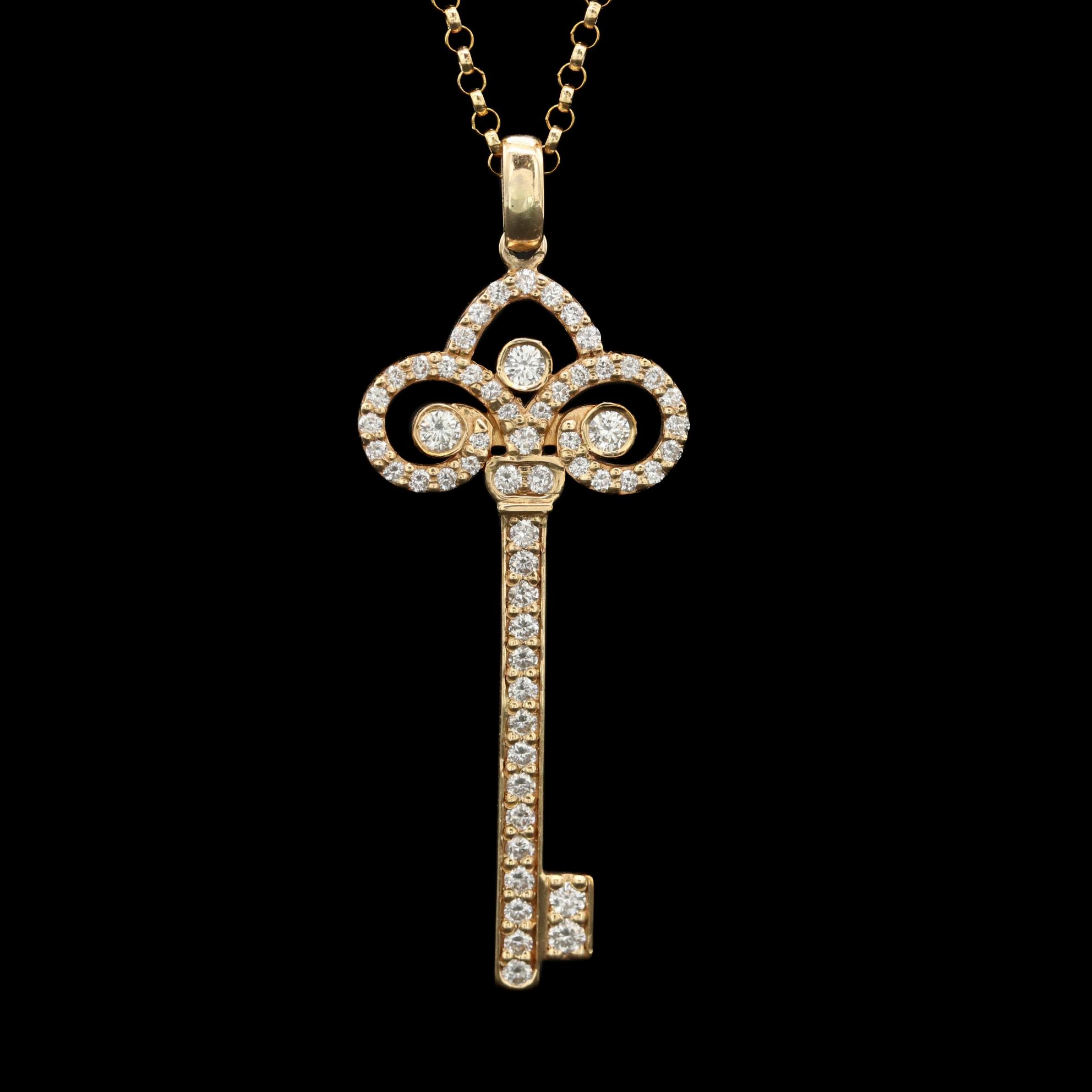 18K Yellow Gold Diamond Key Pendant on 14K Rolo Chain