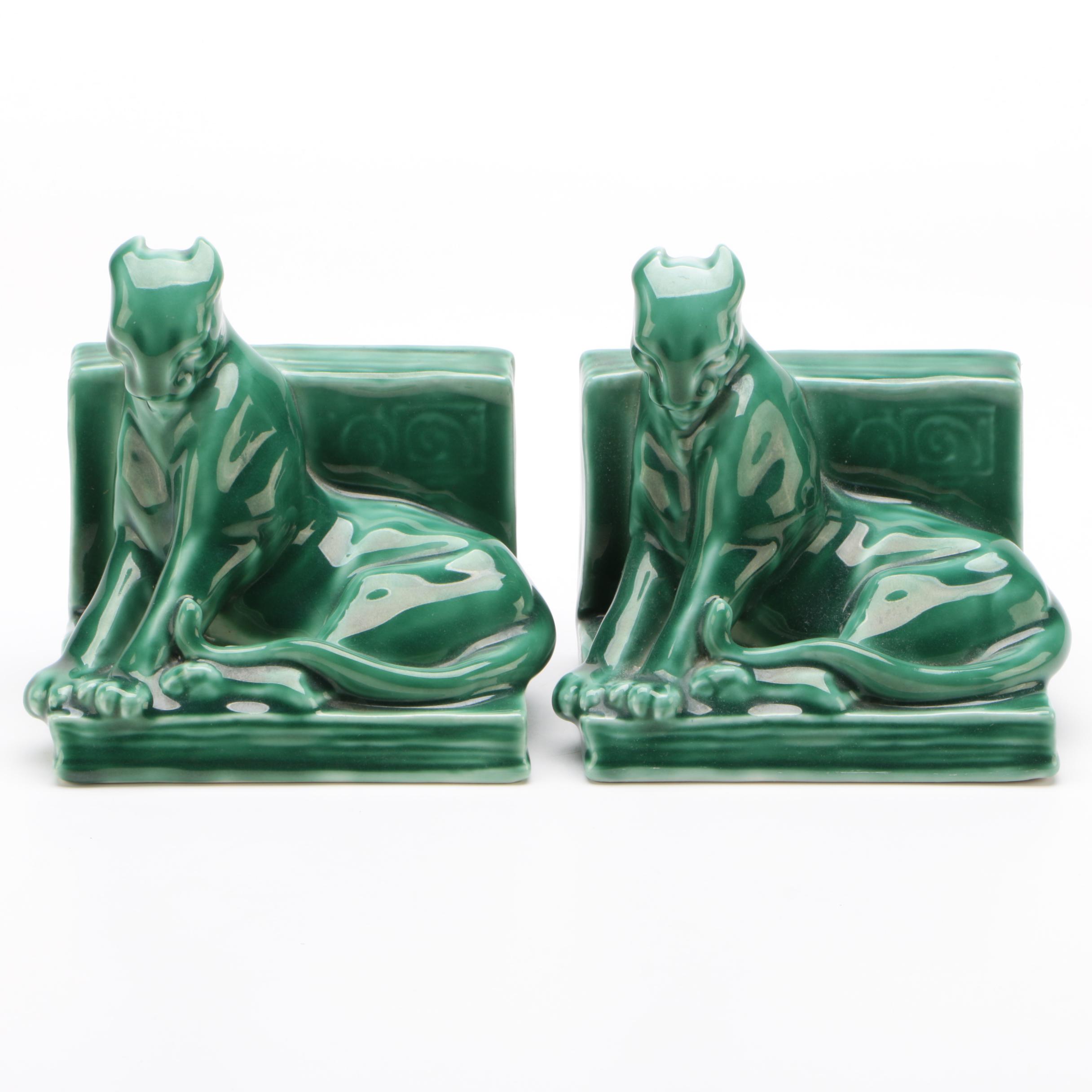 Rookwood Pottery Green Glazed Panther Bookends after William McDonald, 1949