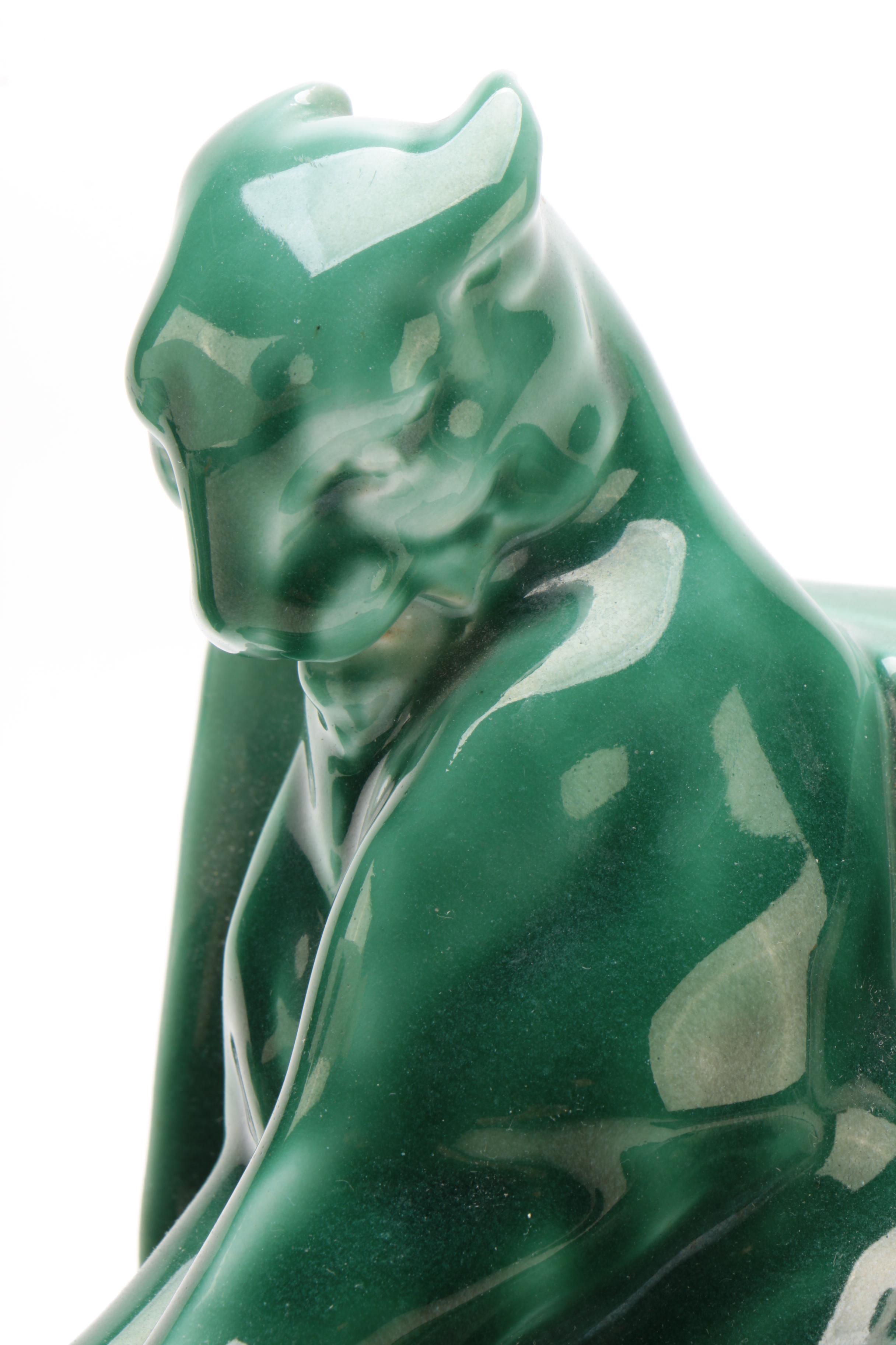 Rookwood Pottery Green Glazed Panther Bookends after William McDonald, 1949