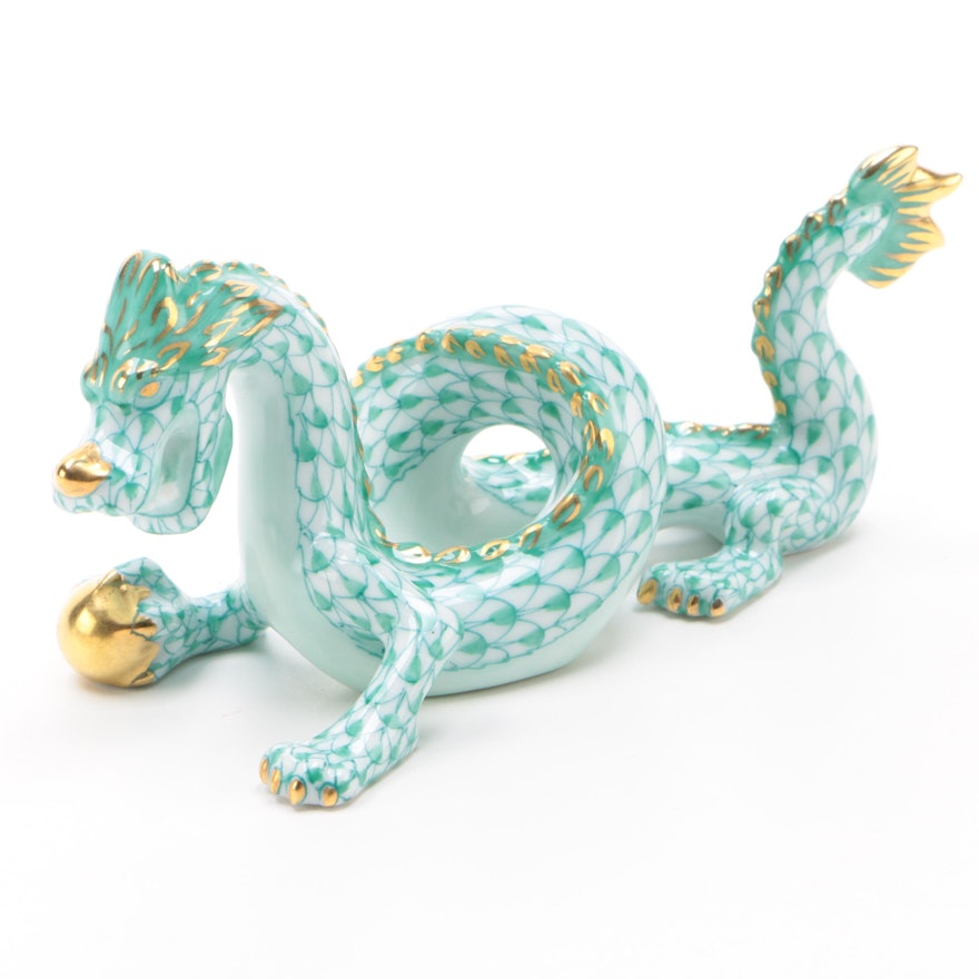 Herend Green Fishnet with Gold "Small Dragon" Porcelain Figurine