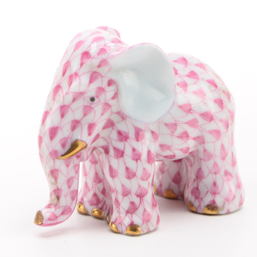 Herend Raspberry Fishnet with Gold "Miniature Elephant" Porcelain Figurine, 1994