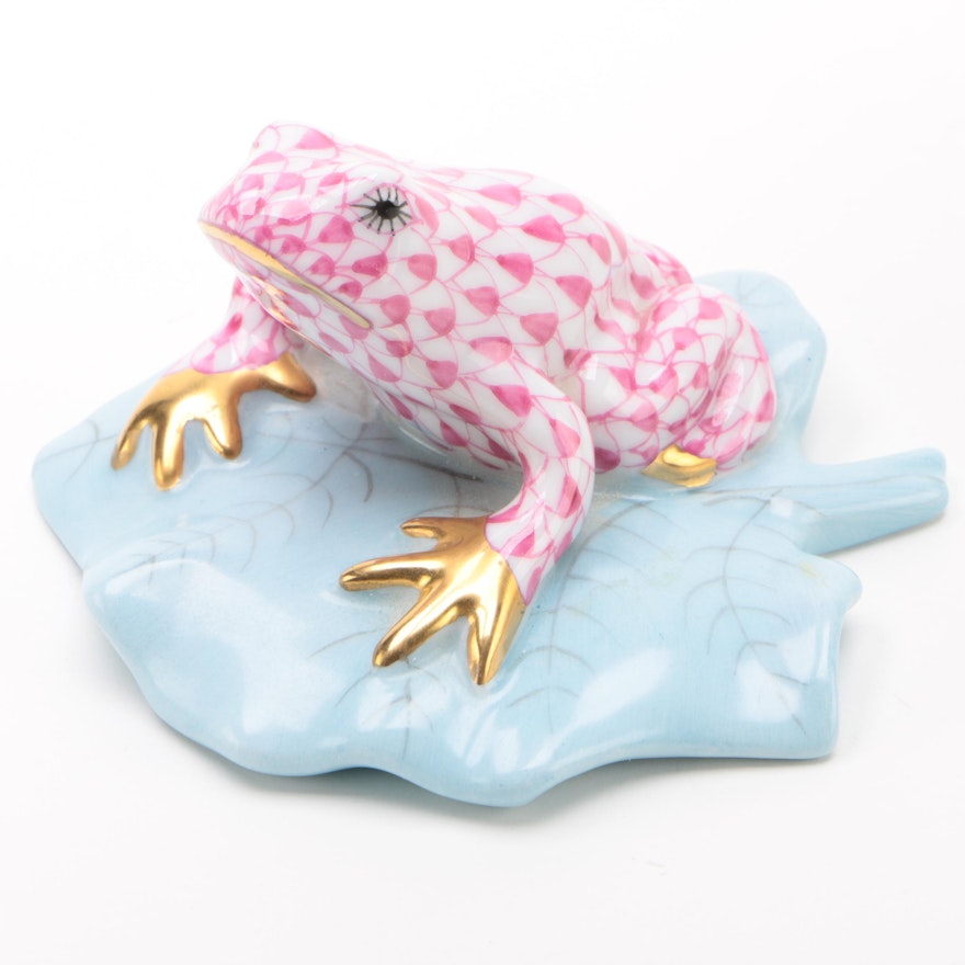Herend Raspberry Fishnet "Frog on Lily Pad" Porcelain Figurine, January 1993