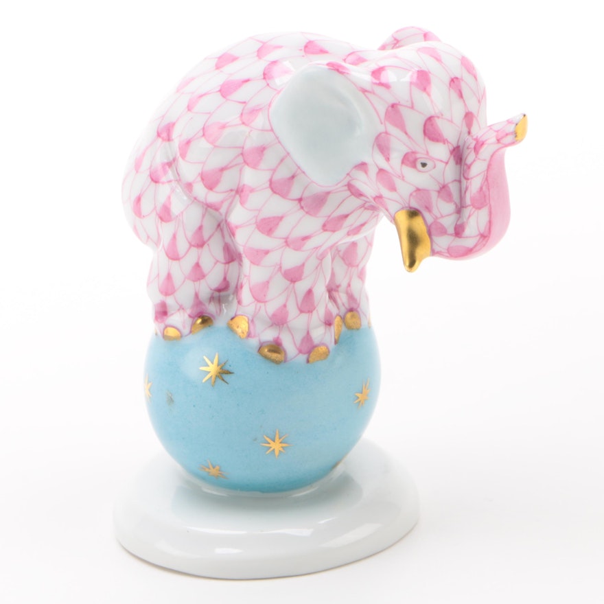 Herend Raspberry Fishnet with Gold "Elephant on Ball" Porcelain Figurine, 2000