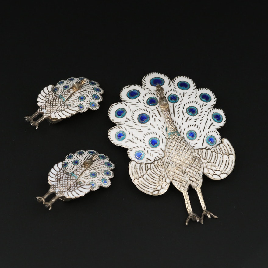 Thailand Style Sterling Silver Enamel Peacock Earrings and Brooch Set