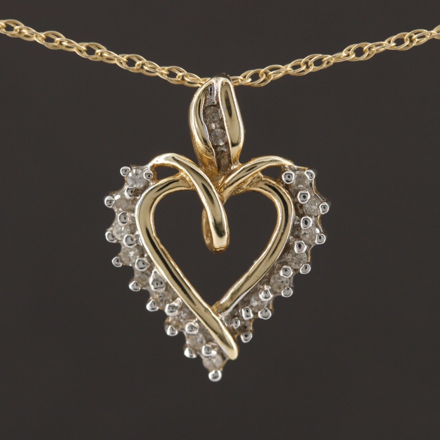 10K Yellow Gold Diamond Heart Pendant on 14K Yellow Gold Rope Chain Necklace