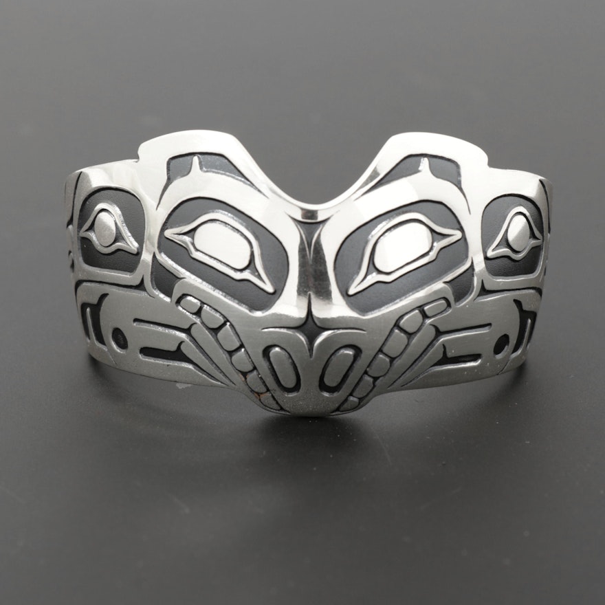 Odin Lonning Tlingit Sterling Silver Stylized Wolf Cuff Bracelet