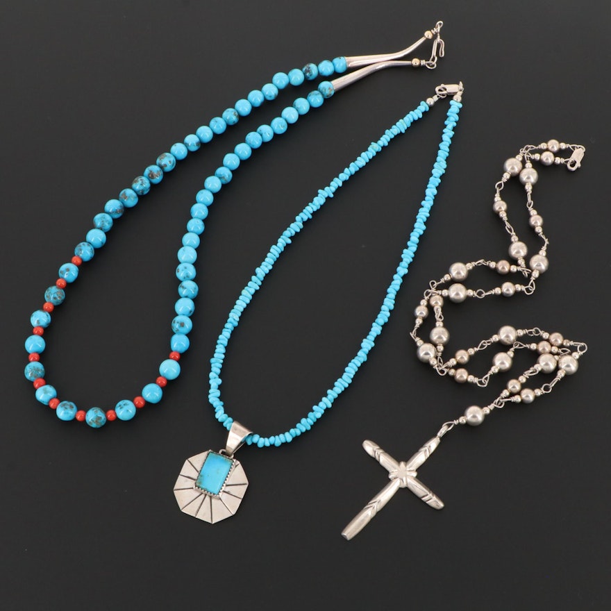 Sterling Silver Turquoise and Coral Cross Pendant Beaded Necklaces