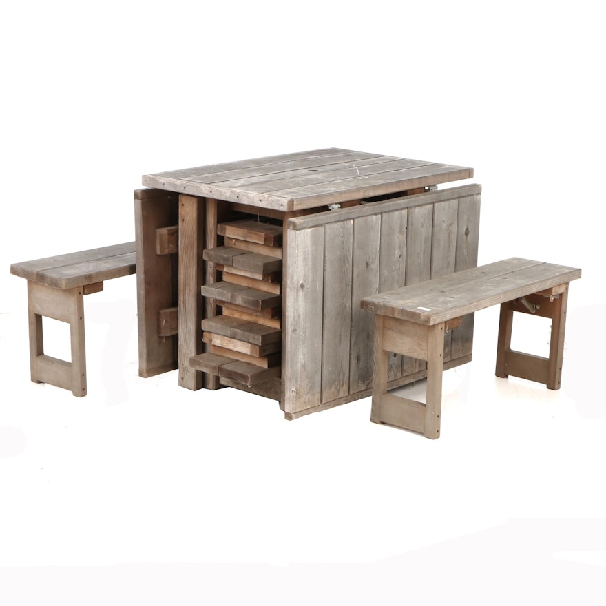 Pioneer Furnishings Co. Teak Gate-Leg Drop Leaf Picnic Table and Folding Benches