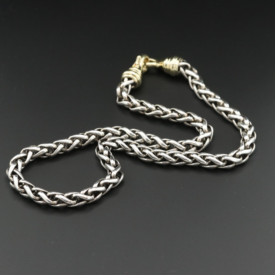 David Yurman Sterling Wheat Chain Necklace with 14K Yellow Gold Accents