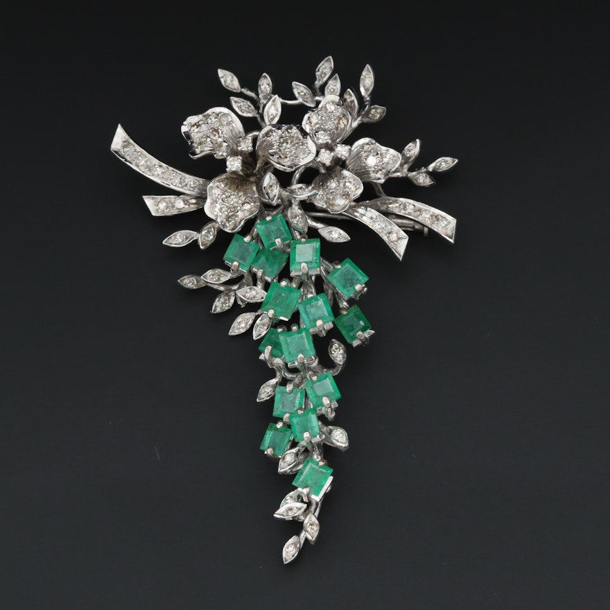 10K White Gold 1.80 CTW Diamond and Emerald Brooch with Articulated Dangle