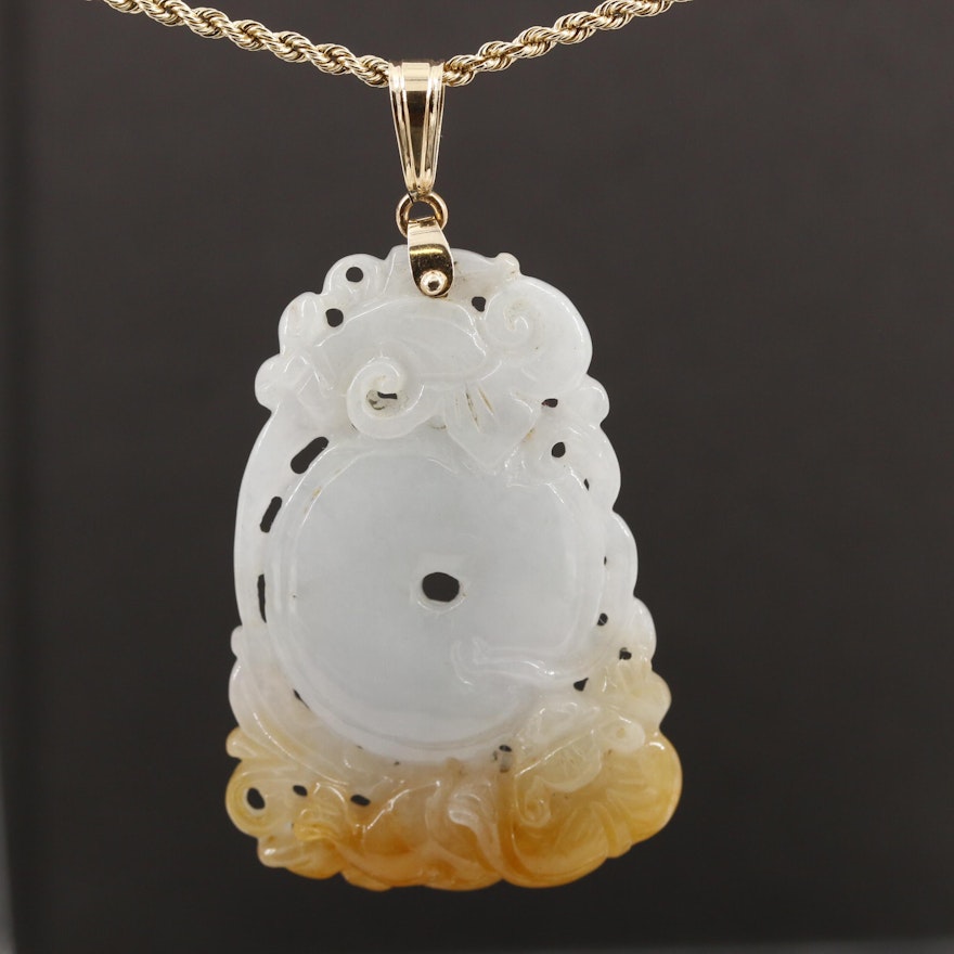14K Yellow Gold Carved Jadeite Pendant on Rope Chain Necklace