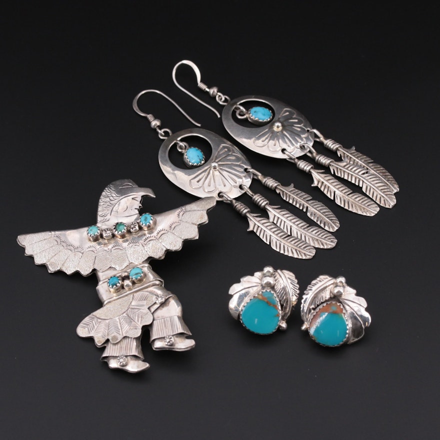 Signed Southwestern Sterling Silver Turquoise Earrings and Converter Brooch