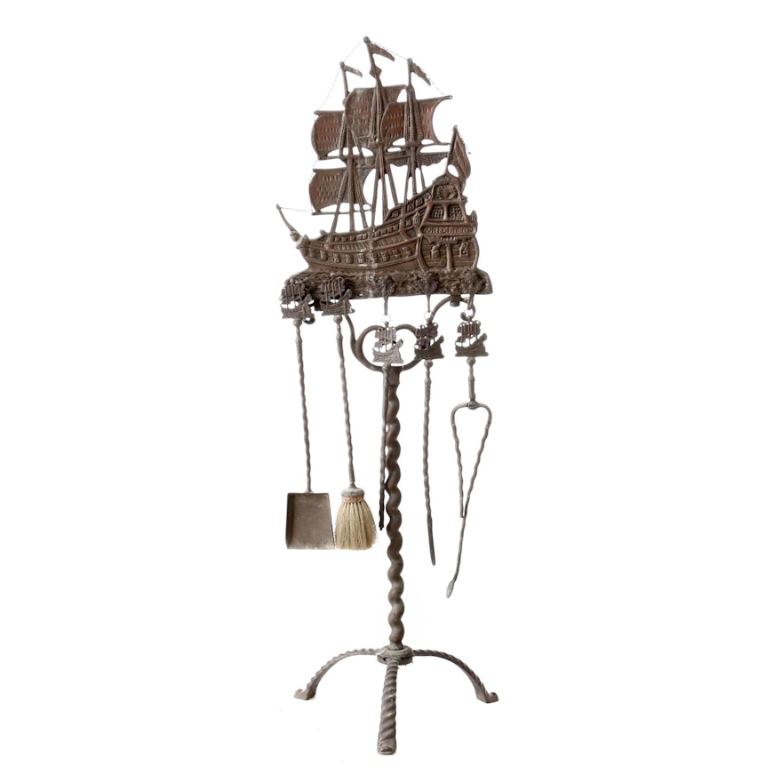 Spanish Colonial Style Cast Iron Fireplace Tool Set, Circa 1920s