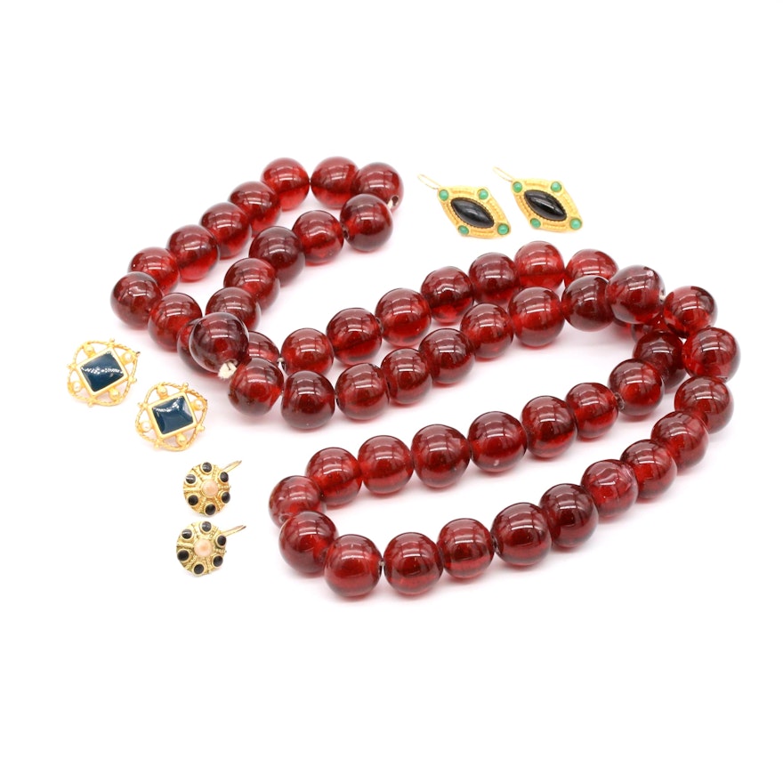 Assorted Glass, Enamel, and Imitation Pearl Necklace and Earrings