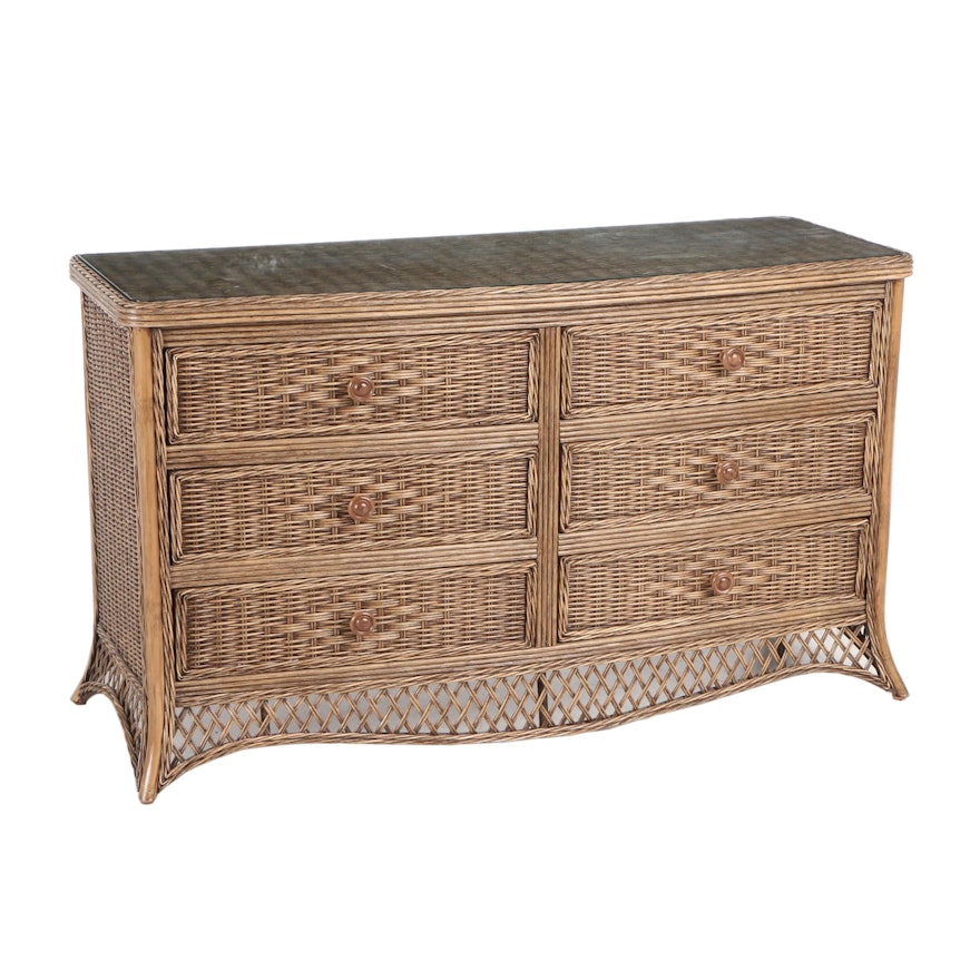 Woven Wicker Glass Top Chest of Drawers, Contemporary