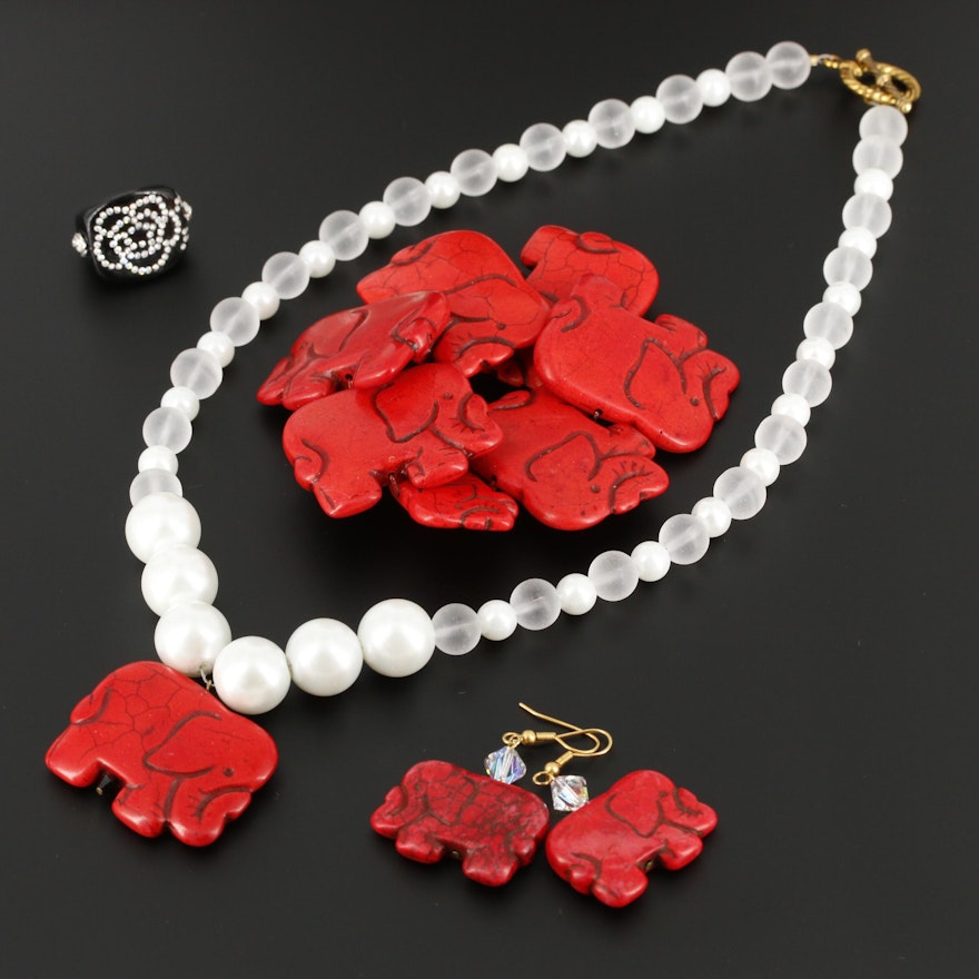 Howlite and Glass Jewelry Featuring Elephant Motif