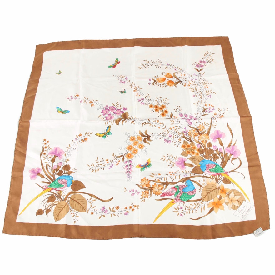 Gucci Accessory Collection Flowers, Birds and Butterflies Silk Scarf, Vintage