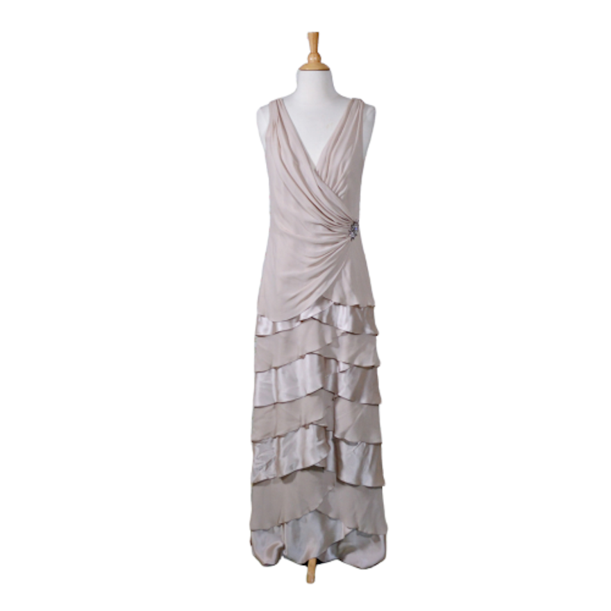 Tadashi Taupe Crepe and Satin Sleeveless Evening Dress, Vintage