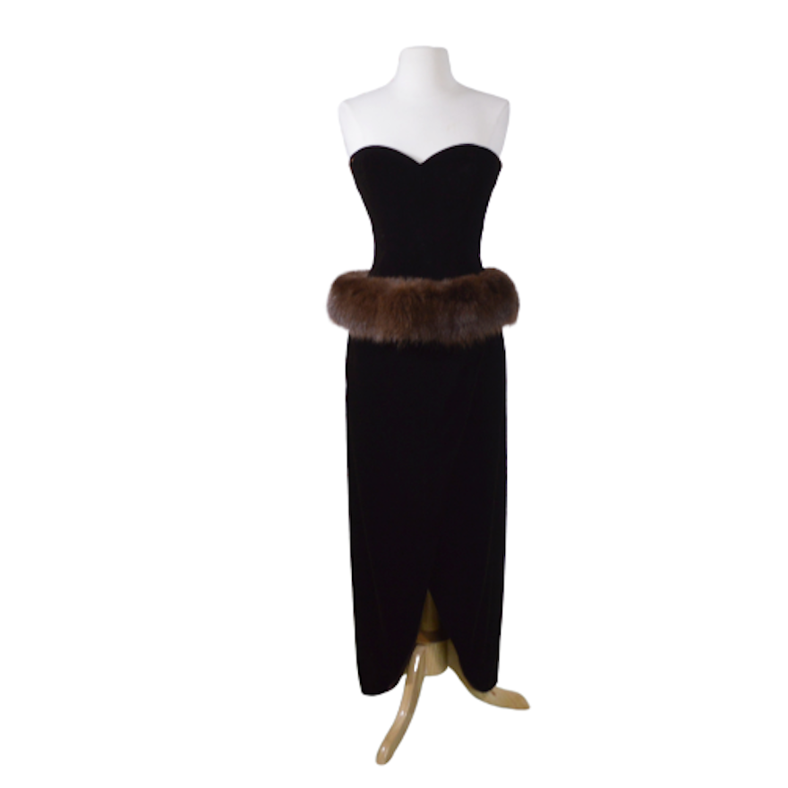 Victor Costa Dark Brown Velvet and Fox Fur Strapless Evening Gown, Vintage